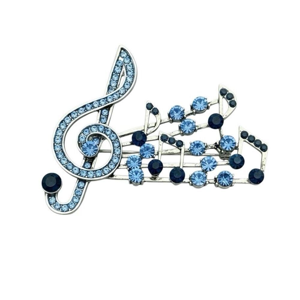 Blue CrystalâMusic Note Brooch â Silver Treble Clef & Musical Staff Pin New